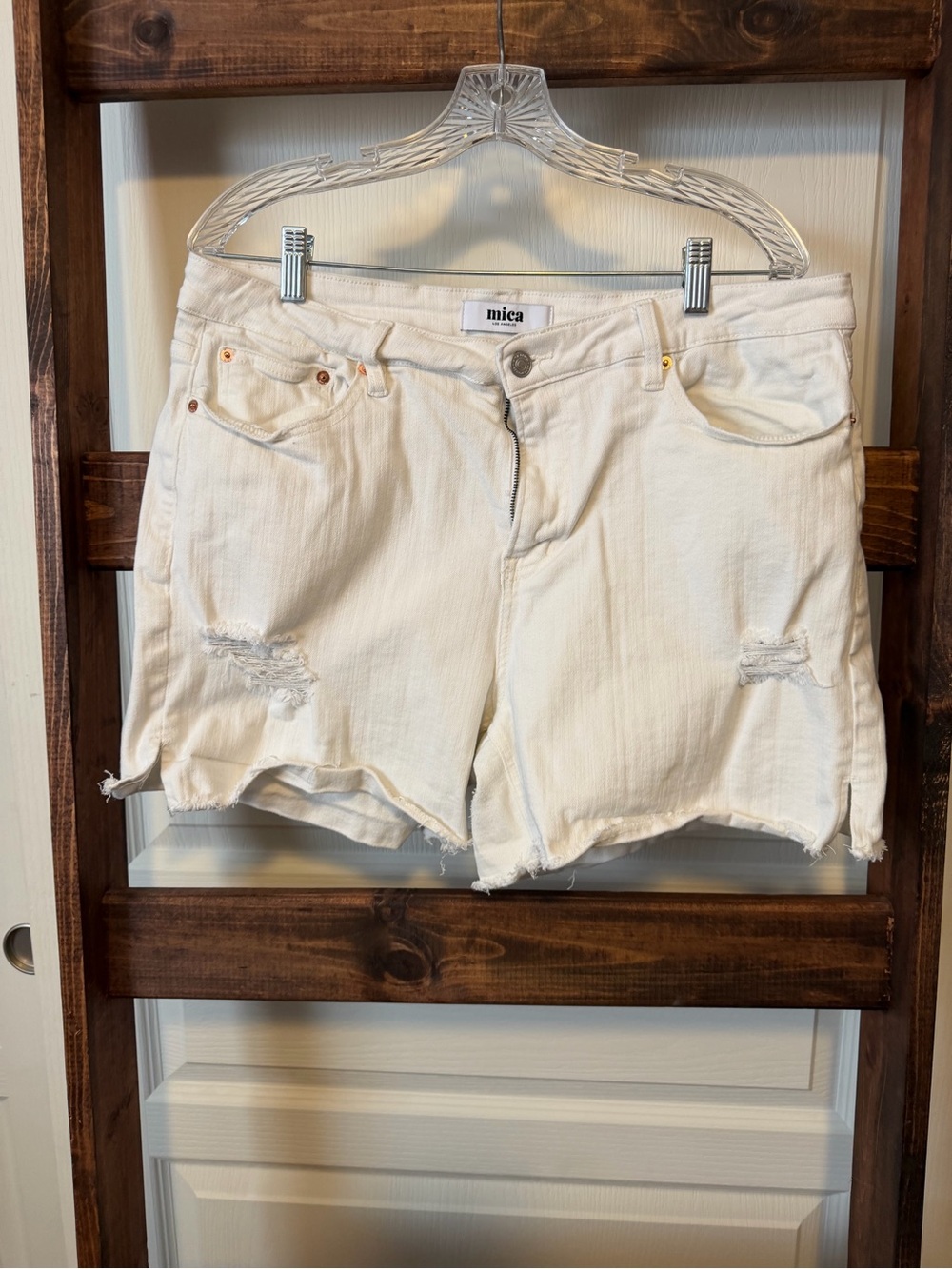 Mica Off-White Distressed Denim Shorts